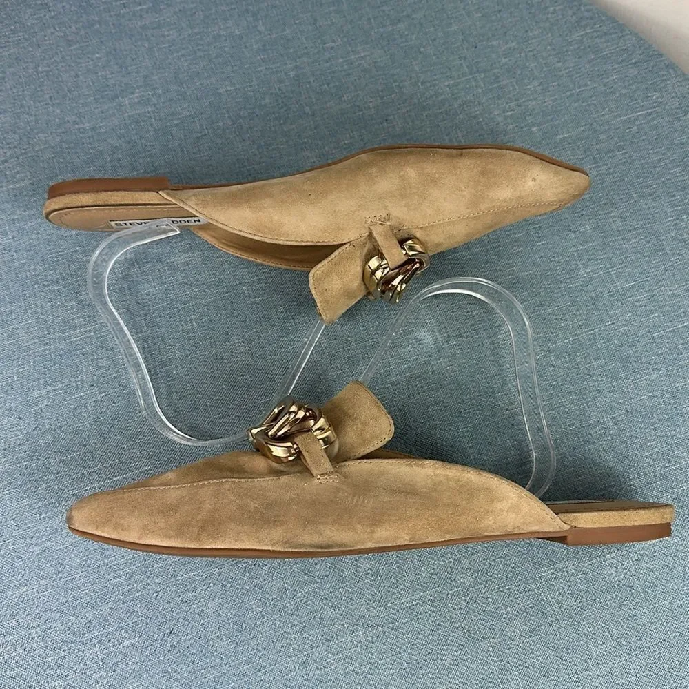 Steve Madden Friends Tan Suede Chain Pointed-Toe Loafer Slides Size 10 M - Picture 5 of 8